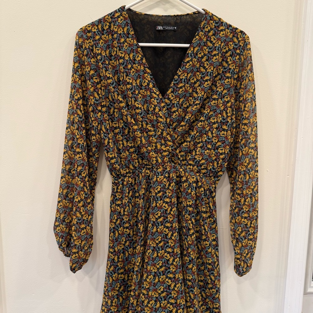 Zara Floral Multicolor Long Sleeve Surplice Dress Size XS - Picture 5 of 10